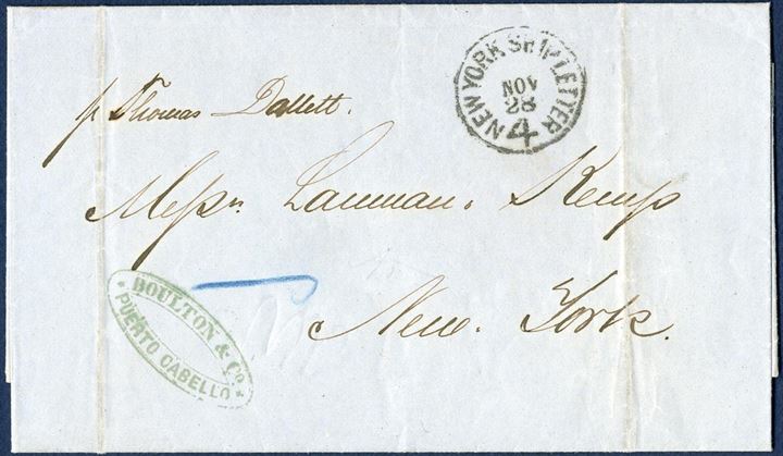 Entire sent from Puerto Cabello via St. Thomas to New York 31 October 1870, charged 4 cents stamped by “NEW YORK SHIP LETTER - 4 - NOV 28” and posted aboard the steamer “Thomas Dallett”.