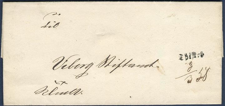 Royal Service (K.T.m.a.) letter sent from Thisted to Viborg 3 March 1858. Stamped on front with 1-line mark “Thisted” and manuscript date “3/3 58”. Rarely seen.