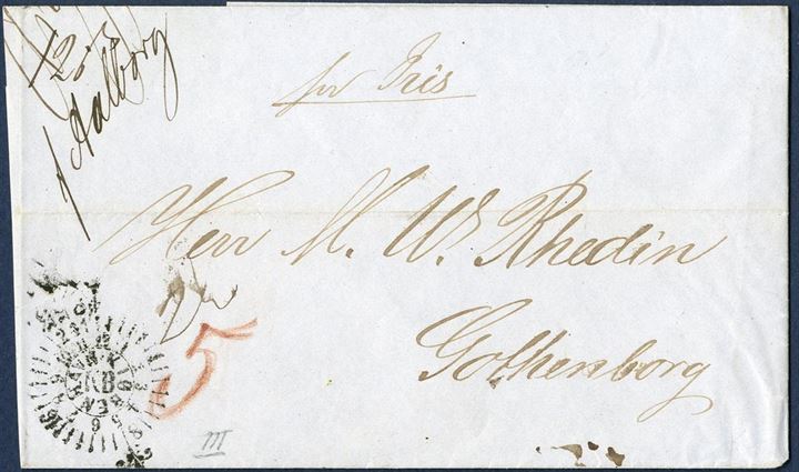 Letter sent from Aalborg to Gothenburg via Copenhagen 9 May 1855. Manuscript “f. Aalborg” and “pr. Iris” steamer from Aalborg to Copenhagen, there dropped in letter box and stamped with the Compass stamp.