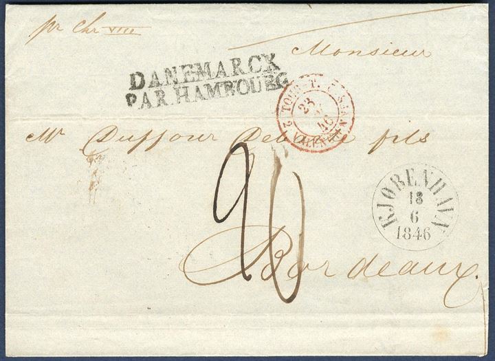 Letter sent from Copenhagen to Bordeaux 18 June 1846, with transit via Hamburg T&T, charged 20 decimes, posted aboard the steamer “Christian VIII” from Copenhagen.