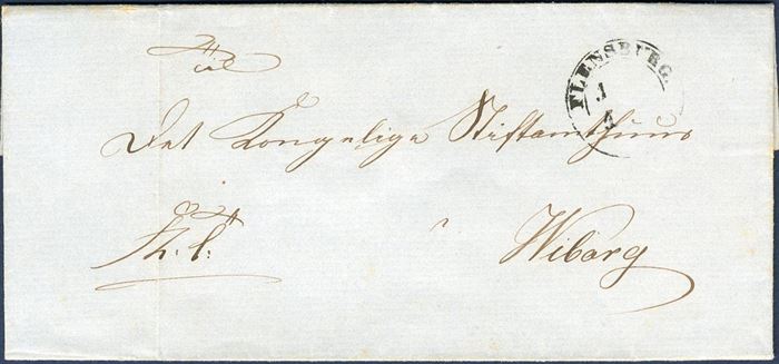 FIRST DAY LETTER 1.4.1851 - Royal Service Military letter inside dated 30 March 1851 sent from Flensborg to Viborg stamped “FLENSBURG 1.4.1851” Antiqua IIa, which are the first date when stamps were introduced in Denmark, in Schleswig from 1 May 1851. The letter is sent from “Fra det 5te Dragon Regiments 3. Squadron” - 