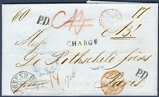 Registered double rate letter sent from Copenhagen to Paris 23 July 1854. Total charge 77 sk. - 17 sk. Danish (9 sk. + 8 sk. registration fee) and 60 sk. foreign share = 14 Sgr. The letter has been sent only a week after the new postal rates as of 15.7.1854.