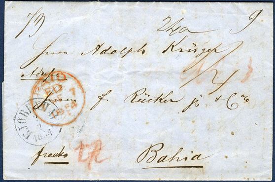 Letter sent from Copenhagen to Bahia, Brazil 2 February 1854. Foreign share 73 sk. = - Danish share 9 sk., total 82 sk. - Postage due 240 reis.