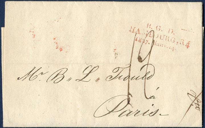 Letter from Hamburg to Paris January 14th 1807 with 3-line mark ”B.G.D – Hambourg, R4 – 1807, Janv. 14” ARGE 5 in red from Großherzogliches Bergisches Ober-Postamt. Fine and readable mark.