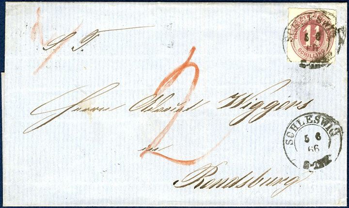 1 1/4 Sch. Herzogth-Schleswig 1865 on underfranked double rate letter from Schleswig to Rendsburg.  Underfranked, thus 2 Sch. due at receiver marked with a red crayon 2 and also 2 indication 2nd weight letter.