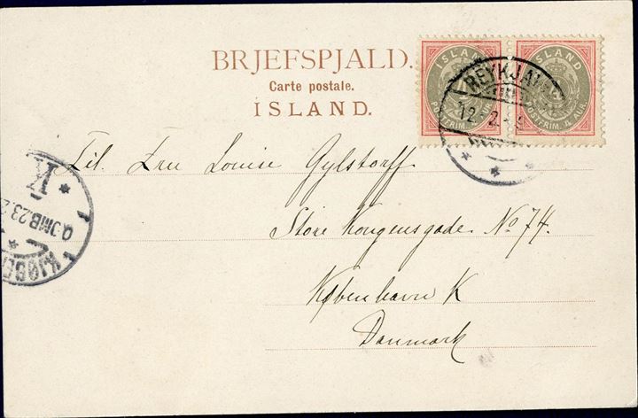 Pair of 4 aur numeral type 1902 on postcard to copenhagen from Reykjavik February 12, 1902 paying the 8 aur postcard rate to Denmark (1.7.1880 to 31.12.1907).  Copenhagen arrival mark on front, February 23th.