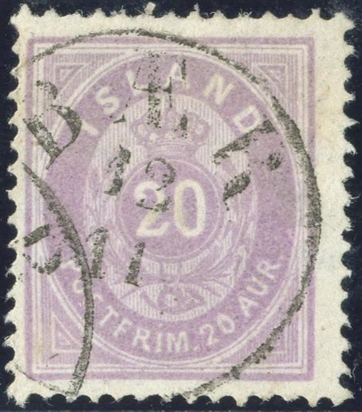 20 aur light violet I printing 1876 cancelled with Bær antiqua mark. A fantastic well preserved color. Exhibition item.