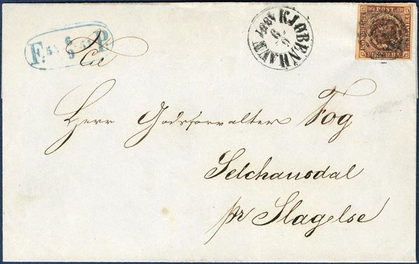 FIRE Rigsbankskiling Ferslew printing on foot-post letter from to Slagelse September 6, 1851 alongside oval foot-post mark in blue. Letters with 4 RBS stamps to the province of Denmark are rather unusual to find. 