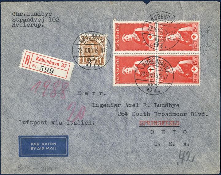 German censored registered airmail cover from Copenhagen to Springfield, USA October 22, 1940. At the beginning of the war and only for a very short time the air mail to the US were routed via Italy luftpost via Italien. A scarce item in a colour full condition.