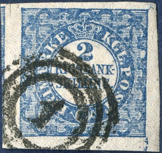 2 Rigsbankskilling Thiele printing, plate II-32, type 8. Huge margins, cancelled with a clear numeral ”1” Copenhagen.