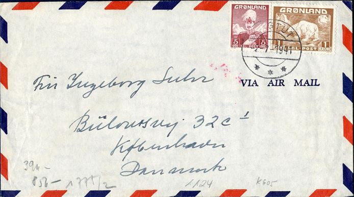 Air mail cover from Ivigtut to Copenhagen July 2nd, 1941 franked with 5 øre and 1 krone to make up the 105 øre rate, 20 øre to Denmark plus 85 øre air mail fee. German censor strip on reverse.