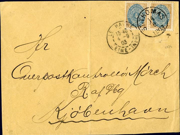 8 cents letter from St. Thomas to Copenhagen August 14, 1903 with French mail service tied by St. Thomas cds.  Via Le Havre September 4 cds on front and franked with a pair of 4 cents bicoloured IV printing to make up the 8 cents UPU rate to Denmark 8 cents from 01.01.1902 to 14.07.1905. A very fine letter.