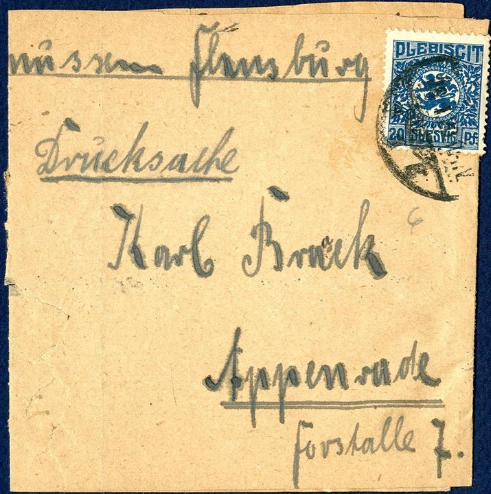 Slesvig Plebiscit 20 pf stamp on printed matter band from Flensburg to Apenrade, January 28, 1920. A very unusual and rare type of the printed matter rate.