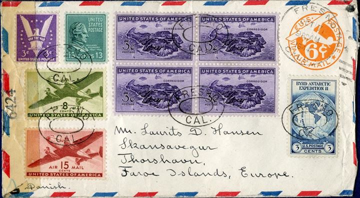 Air mail letter sent from Fresno to LD Hansen, the then postmaster of Thorshavn 7 October 1944. American resealing censor tape for resealing, censormarks DOT and single BAR, dot for the need for censorship to be done, and a bar to confirm the letter has been censored. Thorshavn receiving mark on reverse.