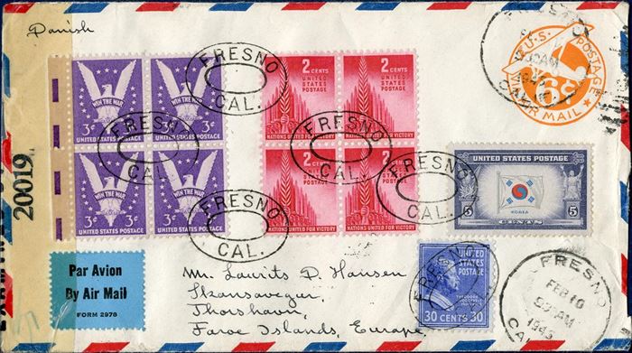 Air mail letter sent from Fresno to LD Hansen, the then postmaster of Thorshavn 10 February 1945. American resealing censor tape for resealing, censormarks DOT and double BAR, dot for the need for censorship to be done, and a bar to confirm the letter has been censored. Thorshavn receiving mark on reverse.