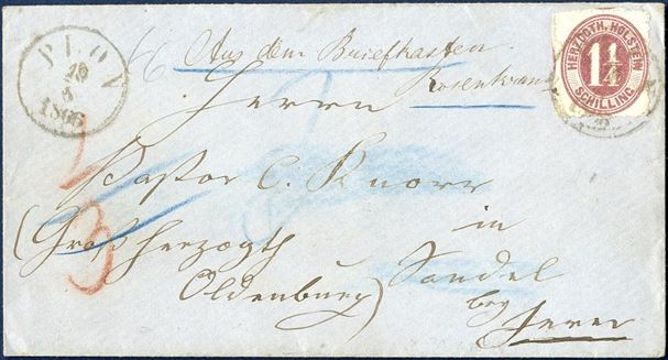 Letter sent from Plön to Sandel near Jever 19 August 1866, bearing a 1 1/4 Sch. Herzogth. Holsten tied by CDS “Plön” Danish type. The letter has been found in the mail box “Aus dem Briefkasten, Rosenkranz”, and charged by the addressee in the Duchy of Oldenburg.