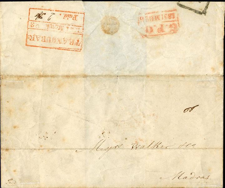 Letter sent from Tranquebar to Madras 23 March 1851. Stamped with boxed Tranquebar Paid March 23, 1851 in red - charge 2 Annas. 