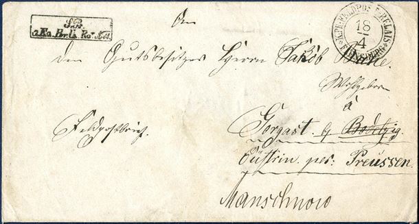 Field Post letter sent from Kr. Pr. Feldpost in Flensburg to Gustrin, Prussia 18 April 1864.  Stamped with two-ring “K.Pr.FELDPOST RELAIS  FLENSBURG” and boxed soldiers unit.