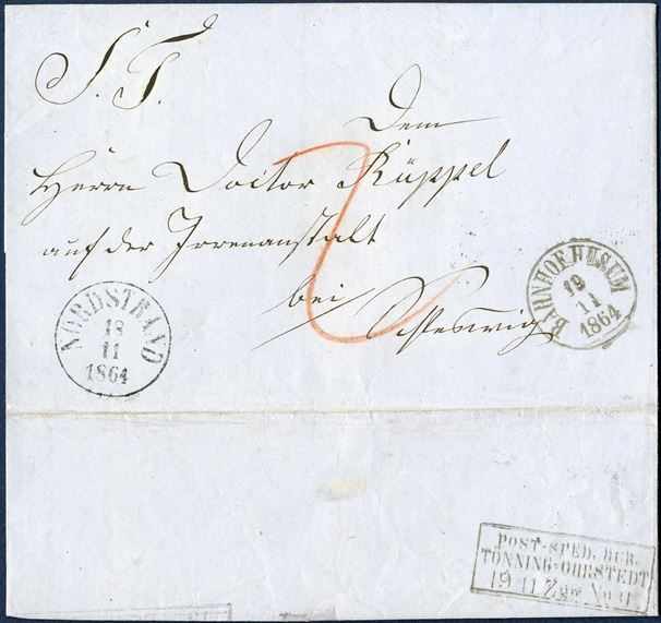 Letter sent from Nordstrand to Schleswig 18 November 1864, transit via Husum and bureau “TÖNNING-OHRSTEDT Zug No. II”.