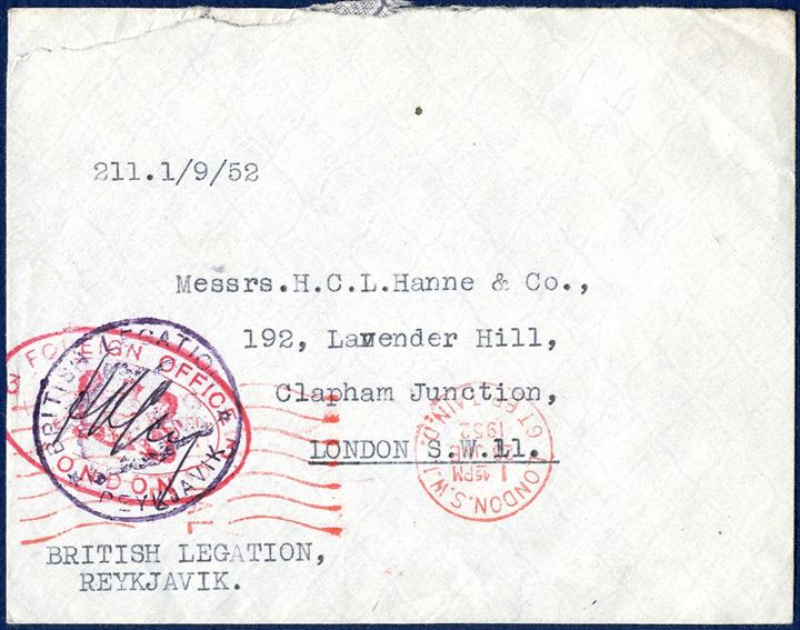 Diplomatic mail sent by and with “British Legation - Reykjavik” cachet and then posted, and stamped with London mark 26 JNE 1952. Very unusual diplomatic mail from Iceland.
