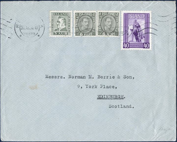 Letter sent from Reykjavik, bearing one 40 aur LEIFUR HEPPNI from the souvenir sheet Ieifr Eiricssons Day 1938 and two 6 aur Chr. X and 3 aur Jochumsson, correct 55 aur franking. Scarce with Leifr Eiricssons stamps taken out of the block.