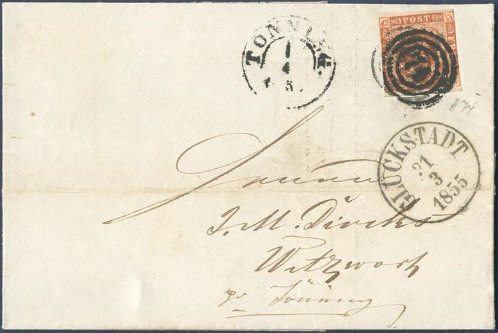 Letter sent from Glückstadt til Witzwort near Tönning 31 March 1855, bearing a 4 sk. 1854 dotted spandrels (close cut at right side), tied by numeral “116” Glückstadt alongside CDS “GLÜCKSTADT 31.3.1855”. Due to apparently a weak cancellation on the stamp, once again cancelled in Tönning with numeral “74” alongside CDS 1 1/2-ring “TÖNNING 1 4 1855”. Indeed a very unusual seen double cancelling.