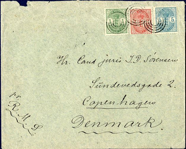 Letter from Christiansted to Copenhagen July 12, 1904 tied by Christiansted four-ring cancellation, on reverse letter C, St. Thomas and Copenhagen arrival mark. Correct franked paying the 8 cents UPU rate. Manuscript pr. R.M.S. Royal Mail Steamer. Colourfull cover.