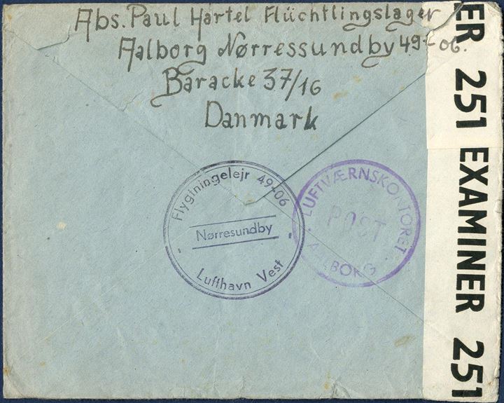 Refugee letter sent from Nørresundby to Hannover 14 August 1946, stamped on reverse “Flygtningerlejr 49-06 - Lufthavn Vest - Nørresundby” and “LUFTVÆRNSKONTORET AALBORG POST”, and resealed with British censor resealing tape “EXAMINER 251”.