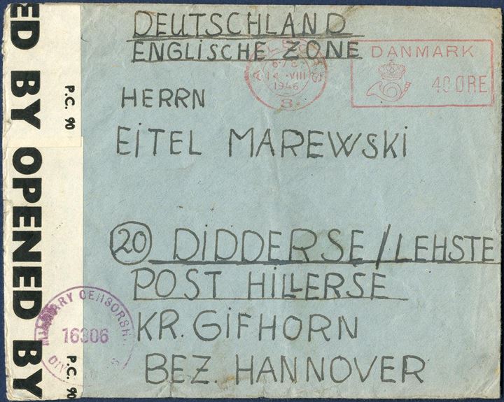 Refugee letter sent from Nørresundby to Hannover 14 August 1946, stamped on reverse “Flygtningerlejr 49-06 - Lufthavn Vest - Nørresundby” and “LUFTVÆRNSKONTORET AALBORG POST”, and resealed with British censor resealing tape “EXAMINER 251”.