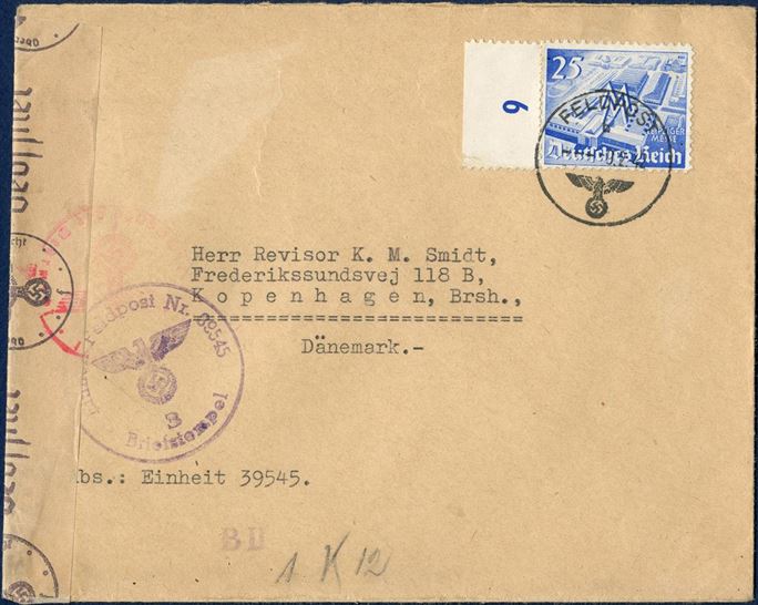 Feldpost letter sent from a Dane in the “Dänische Gruppe - Feldtpost 39.535” to Copenhagen, bearing a 25 M DR tied by “FELDPOST 9.2.42” alongside “Einheit Feldpost Nr. 39545 B Briefstempel”, with German “f” resealing censor tape.