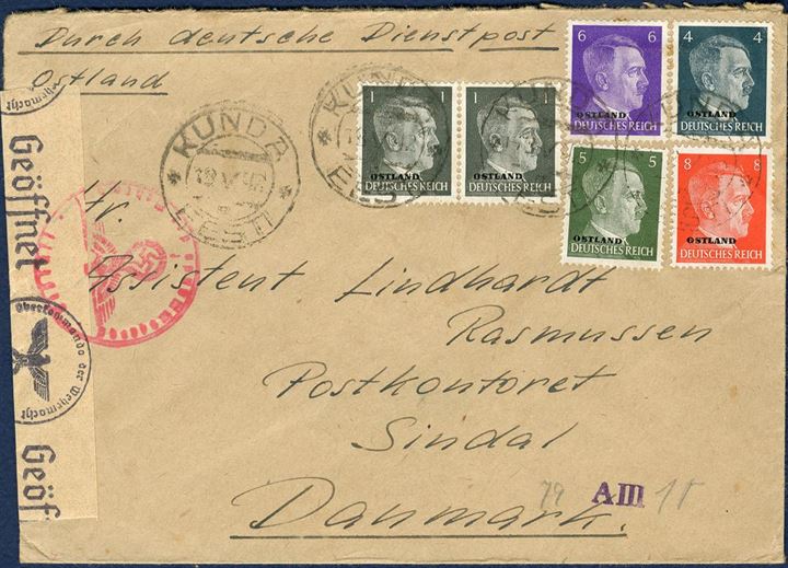 Letter sent from Kunda to Sindal 18 May 1942, bearing 35 pf “Ostland” overprint, from a dane at the cementfactory Port Kunda, Estonia back to his family in Sindal.