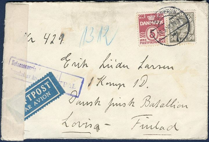 Letter sent from Copenhagen to a Danish volunteer in the Winterwar 14 May 1940, to Erik L. Larsen, 1. Komp. 1D, Dansk Finsk Batallion, Lovisa, Finland.