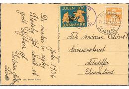 Post card sent from Løve (Høng) to Dianalund 23 December 1936 bearing a 10 øre definitive stamp and a 1936 Christmas seal, tying the Christmas seal with a posthorn mark “LØVE (HØNG)”