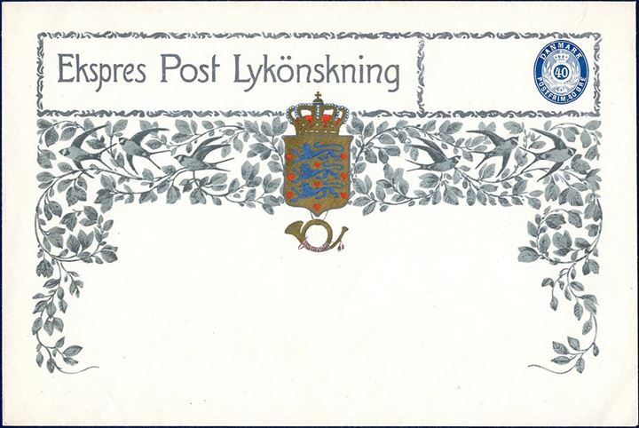 Expres Post Lykönskning 40 øre envelope issued for ”Kunstforlaget” paying the express fee of 40 øre. Additional franking for the postage to be added on the letter. Rare.