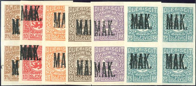 Plebiscit overprinted ”MAK.” on imperforated blocks of four of the values 7 1/2pf, 10, 2, 35, 40 and 75 pf. from printers bin.