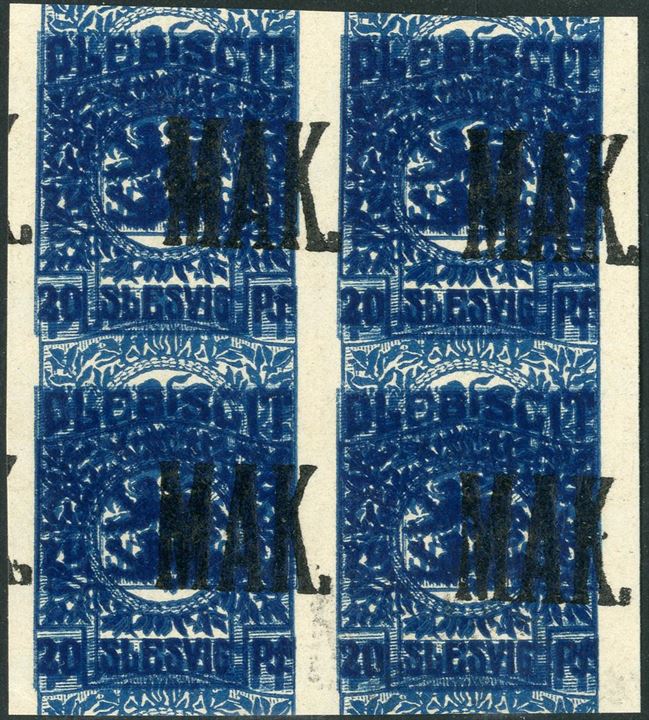 Plebiscit overprinted ”MAK.” on imperforated 20pf block of four with stamp printed twice. Rare.