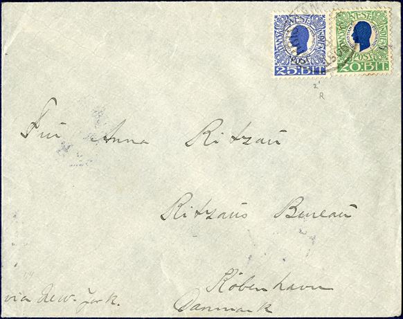 Letter from Christiansted to Copenhagen August 15, 1906 franked with 20 and 25 BIT  King Christian IX tied by Christiansted cds. 5 BIT overfranked to make up the 40 BIT rate to UPU countries.