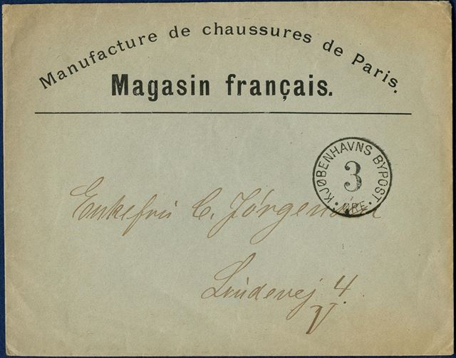 Danish City Post. Commercial letter from ”Magasin Français” with cash franco 3 øre mark.