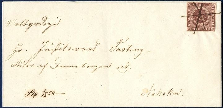 Letter from the small substation (MPX) of Stokkemarke to Nakskov 1 December 1852 franked with 4 RBS Thiele I. Stokkemarke opened 1 April 1851 and were a MPX to Maribo. Since MPX were not allocated c.d.s.'s it used ink to cancel stamps and manuscript ”Stk. 1/12 52.-” instead. The MPX of Stokkemarke were paid by Maribo to run the office. A fine proof to the postal historian to explain the activities of the small substations on the country side. Ex. J. Schmidt-Andersen. Unique.