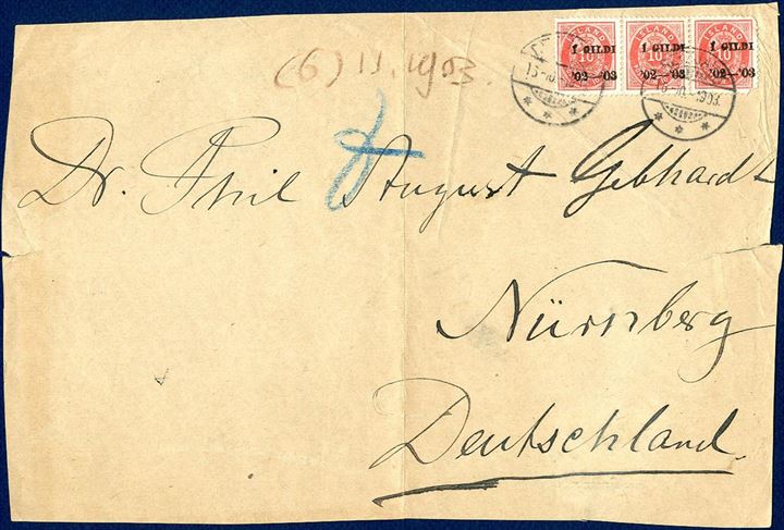 Front from printed matter wrapper band from Reykjavik to Nürnberg in Germany October 16, 1903. Franked with 3 copies of the 10 aur I GILDI issue to pay the weight of 6x 50 gramms, total 300 gramms. Possible only recorded item of the I GILDI issue on wrapper front. A few small faults on the right stamp. Extremely scarce.