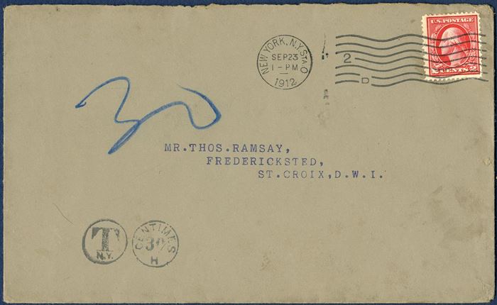 Letter from New York to Frederiksted September 23, 1912 franked with US 2 cents. Underfranked and taxed 30 centimes equals 30 BIT on arrival in DWI. 30 BIT postage due stamp on reverse. Rare.