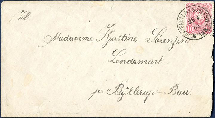 10 pf. letter from Gravenstein to Byllerup-Bau 26. April 1881 tied by the scarce preussian one-ring mark Gravenstein i. Schleswig, DAKA 56.09.