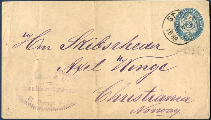 2 cents stationery envelope with watermark I sent to Christiania in Norway from St. Thomas 8. November 1888 with a merchant mark on the front. An unusual destination.