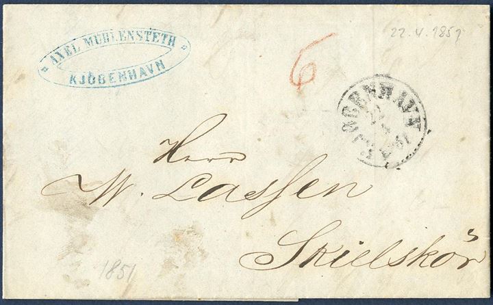 April 1851 letter from Copenhagen to Skielskør 22. April 1851. As unfranked with the 4 RBS, the rate applied were 6 sk. to be paid by the receiver.