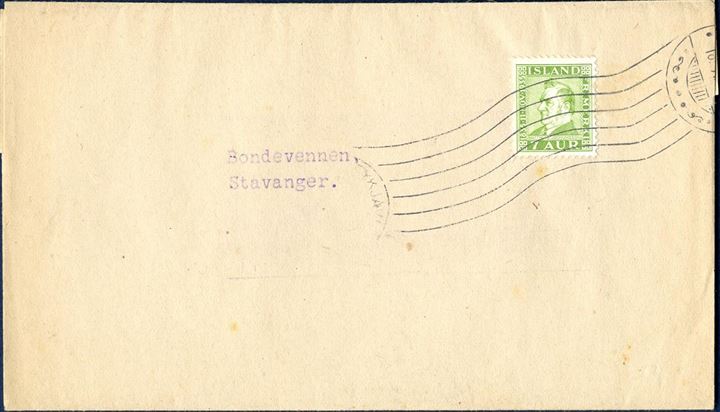 Printed matter band franked with 7 øre green M. Jochumsson issue on letter from Reykjavik to Stavanger in Norway, tied by machine cancel Reykjavik between 1935-1939. Between 1.10.1925 and 31.12.1939 the rate were 7 aur. 