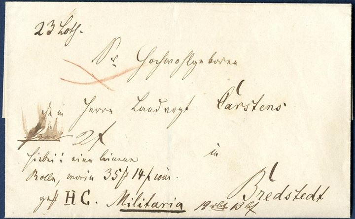 Military parcel letter with value 35M 14s sent from IV. Compangnie II. Jäger Corps to Bredstedt (1848-50) and weighing 23 loth. 