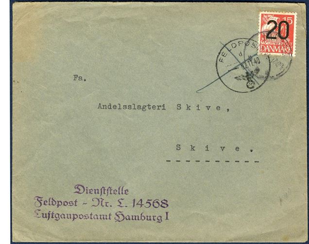 Field Post letter by airmail from Hamburg to Skive 1. November 1940 via the Karup airfield. On arrival in Karup a Danish stamp has been applied to pay the rate for a domestic letter, 20 øre. The letter originally mailed from Luftpostamt - Feldpost 14568 Hamburg. A very unusual type of letter.