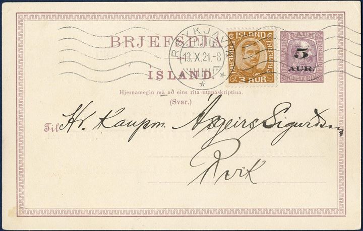 5 AUR overprint on 8 aur King Christian IX reply card additionally franked with 3 aur brown Chr. X on postcard sent locally in Reykjavik 13 October 1921, correct local rate 8 aur from 15 May 1921 to 31 December 1932. Ringstrøm Nr. 51, original double card 20 type I or IV, Hjernamegin (mà).