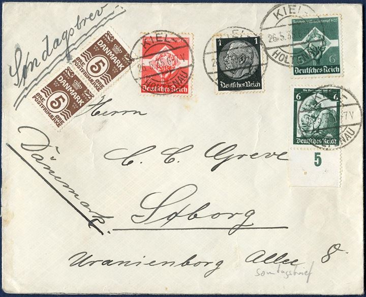 Letter sent from Kiel to Søborg 26. May 1935 and franked with 25pf DR plus two Danish 5 øre wavy-line stamp paying the 10 øre for Sunday delivery to the receiver at Søborg. Very fine quality. 