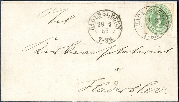 Local letter sent within Hadersleben 28. February 1866 and franked with 1/2 Sch. HERZOGTH-SCHLESWIG green tied by Prussian 2-ring. Local letters are scarce and this letter in an outstanding quality.